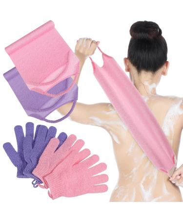 4 Pack Exfoliating Shower Bath Gloves Back Scrubber Set 2 Exfoliating Body Scrubber Nylon Back Washer 2 Pairs Scrub Gloves for Women Men Children Skin Stretchable Pull Strap Washcloth Pink Purple