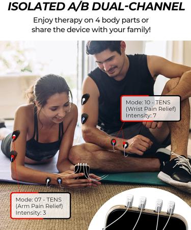 AVCOO 4 Channel TENS EMS Unit - 24 Modes Muscle Stimulator for Pain Relief Therapy - Rechargeable Pulse Massager with 12 Pads & Accessories - Buy Online on GoSupps.com