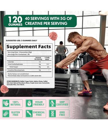 Creatine Monohydrate Gummies 5000mg - Muscle Strength & Energy Boost - Strawberry Flavor (120 Count) - Pre-Workout Supplement for Men & Women - Buy Online on GoSupps.com