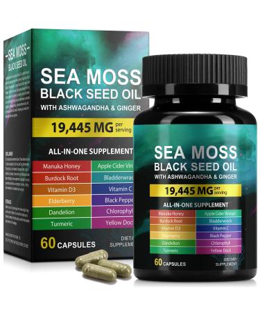 CFXYHNOX Sea Moss Black Seed Oil Ashwagandha Ginger Sea Moss Capsule Supplement with Turmeric Burdock Root Bladderwrack Vitamin C Vitamin D3 Black Seed Oil Capsule 60 Count