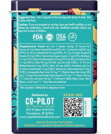 Co-Pilot All-in-1 Travel Supplement | Jet Lag & Immune Support | Energy Blend with Ashwagandha & Rhodiola | Airplane Travel Essentials | 60 Vegan & Gluten Free Capsules - Buy Online on GoSupps.com