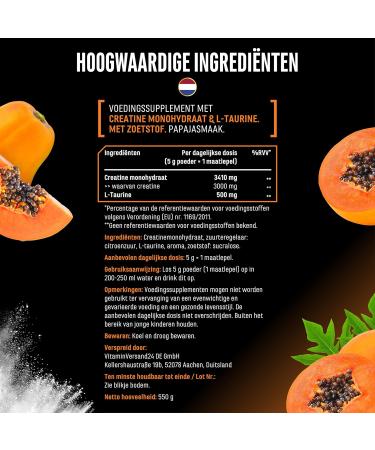 VitamineVersand 24 Flavored Creatine powder 550 g creatine monohydrate + Ltaurine micronized creatine with flavor without sugar & excellent solubility vegan Papaya - Buy Online on GoSupps.com