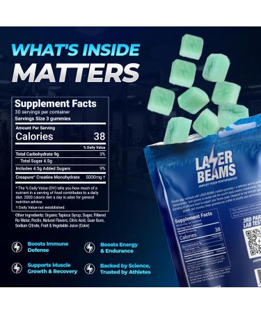 Laser Beams Creatine Monohydrate Gummies for Women & Men- 5g Creapure Creatine per Serving - Vegan, Blue Raspberry Flavor - Boost Muscle Strength, Endurance, Recovery & Mental Focus (90 Gummies) - Buy Online on GoSupps.com