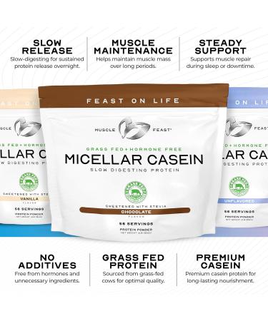 Muscle Feast Grass Fed Micellar Casein Protein Powder Pasture Raised & Hormone Free Slow Digesting Casein Protein - Supports Overnight Muscle Recovery Gluten Free Protein Powder - Chocolate 4lb Chocolate 4 Pound - Buy Online on GoSupps.com