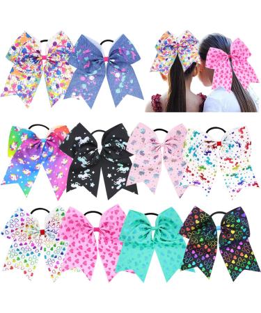 10PCS Cheer Bows for Girls 8Inch Large Hair Bows Elastic Hair Tie Hair Bands Cheerleading Bows Ponytail Holder for Baby Girls School Colleage Teens Senior Cheerleader