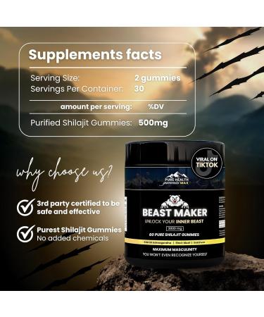 Beast Maker - Pure Shilajit Gummies for Men | Natural Himilayan Organic Shilajit Authentic Male Enhancement Supplement with Ashwagandha Black Musli Gokshura | 60 Gummies - Buy Online on GoSupps.com