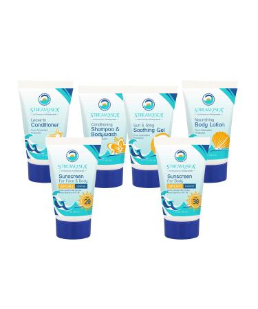 6 Pack Natural Travel Sized Toiletries 1oz Paraben Free Sample Size Shampoo Conditioner Lotion Mineral Sunscreen SPF 20 and SPF 30 and After Sun Gel by Stream2Sea