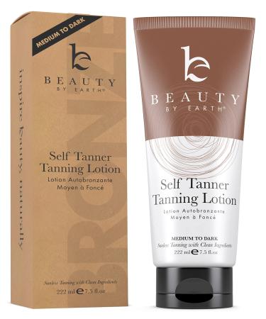 Beauty by Earth Self Tanner Tanning Lotion - Sunless Tanner with Organic Ingredients for Natural Glow, Long Lasting Fake Tan Lotion, Body Bronzer Quick Tan Tanning Cream, Medium to Dark Self Tanner 7.5 Fl Oz (Pack of 1) Me
