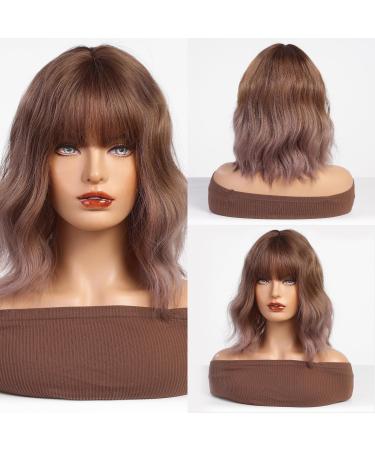 HAIRCUBE Ombre Pink Wigs for Women Shoulder Length Synthetic Cherry Blossom Pink Hair Wig with Fringe