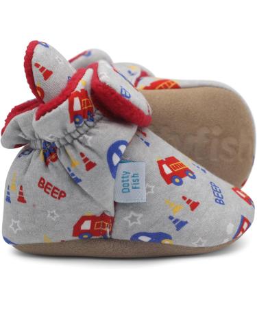 Dotty Fish Baby Booties | Fleece-Lined | Non-Slip Sole | Grey Trains & Cars | 0-6 Months - Buy Online on GoSupps.com