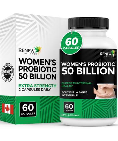 RENEW ACTIVES Probiotics for Women 50 Billion CFU per 2 Capsules MAKTREK Technology 4 Probiotic Strains & Prebiotic Blend Supports Digestion Health & Gut Flora Balance Made in Canada 60 Capsules