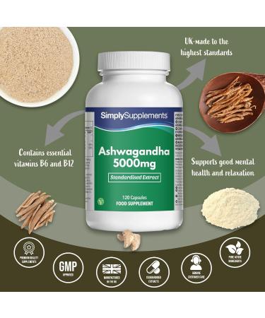 Ashwagandha 5000mg with Vitamin B6 & B12 | 25mg Withanolide | Reduces Fatigue | 120 Capsules 2 Months Benefits | Vegetarian & Vegan Friendly - Buy Online on GoSupps.com