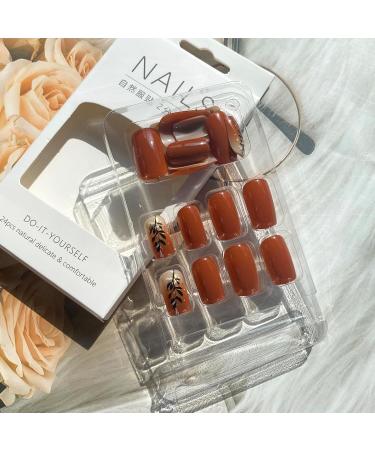 24 Pcs Fall Press on Nails - Brown & Gold Foil Autumn Acrylic Medium Length - Reusable Glossy Fake Nails for Women - Buy Online on GoSupps.com