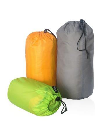Frelaxy Stuff Sack Set 3-Pack (3L&5L&9L), Ultralight Ditty Bags with Dust Flap for Traveling Hiking Backpacking Neon Green&Orange&Gray