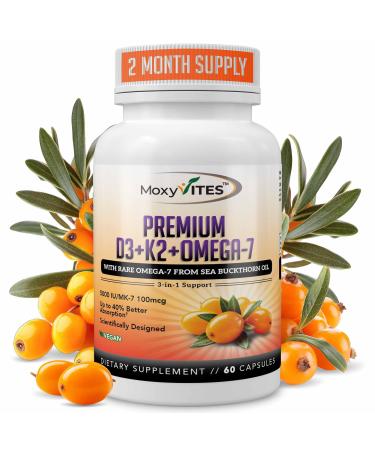 MoxyVites Vitamin D3 K2 5000 IU High Absorption D3 + K2 MK-7 with Sea Buckthorn Oil & Omega-7 Bone, Heart & Immune Support for Women & Men 60 Vegan Capsules