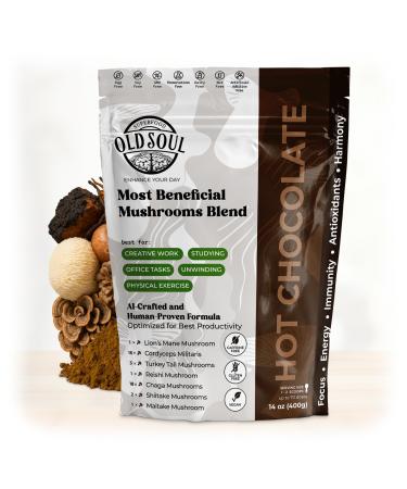 OldSoul Superfood Mushroom Hot Chocolate Blend | 7-Mushroom Formula (Lion's Mane Cordyceps Reishi Turkey Tail Chaga Shiitake Maitake) | Real Cocoa | Approx.70 Doses | Energy Focus Immunity | 14 oz (400 g)