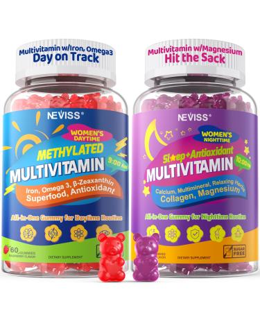 NEVISS 52-in-1 Methylated Multivitamin for Women Gummies with Iron Omega-3 B6 B9 B12 for Day | Magnesium Glycinate Calcium Collagen for Night Renewal/Sleep Womens 18 30 40 50 60 70+ AM PM Daily