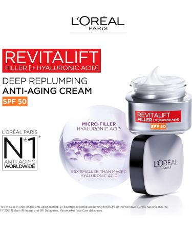 L'Oreal Paris Revitalift Filler + Hyaluronic Acid Anti-Wrinkle Day Cream SPF 50 50ml - Pack of 1 - Buy Online on GoSupps.com