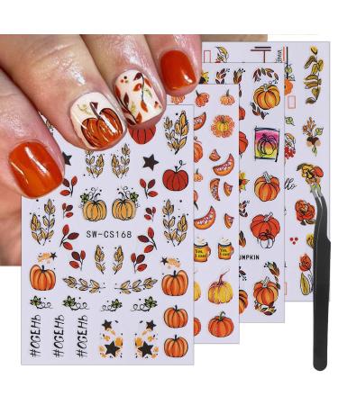 8 Sheets Pumpkin Nail Art Stickers 3D Self-Adhesive Autumn Leaves Nail Decals Fall Bumper Harvest Fruit Pumpkins Nail Designs Supplies Thanksgiving Nail Stickers for Women Girls Nail Art Decoration