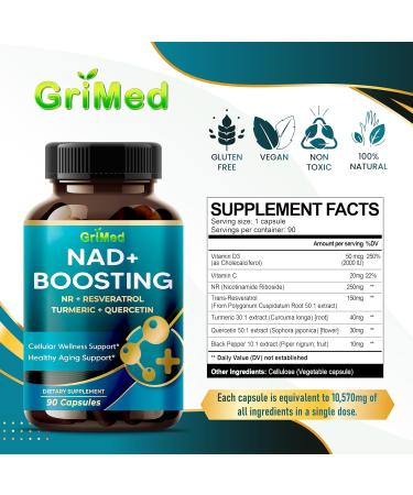 Buy GriMed NAD+ Boosting 16 550mg - 12 Power with NR Resveratrol Turmeric & Quercetin | Cellular Energy & Repair | USA Made | 90 Count - Buy Online on GoSupps.com