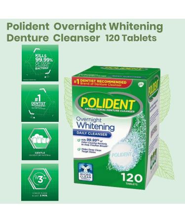Polident Overnight Whitening Denture Cleaner 120 Tablets Bundle + Dentu-Care Bamboo Denture Brush | Gentle Cleaning for Full & Partial Dentures - Buy Online on GoSupps.com