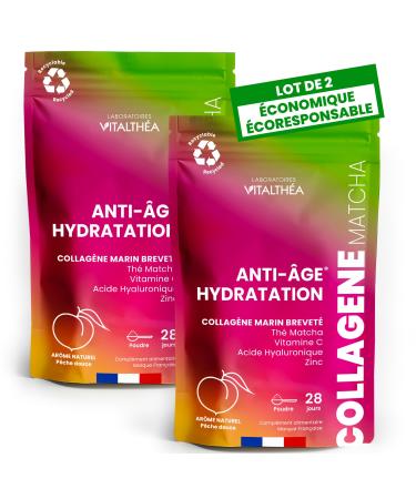 MARINE COLLAGEN POWDER + HYALURONIC ACID + MATCHA TEA + ZINC + VITAMIN C: Exclusive Premium Formula | Anti-Aging Skin & Joints Sport | Proven Results* | Sweet Peach Flavor | Made in France