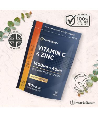 Vitamin C and Zinc | 180 Vegan Tablets | High Strength Vitamin C 1400mg and Zinc 40mg | No Artificial Preservatives | by Horbaach - Buy Online on GoSupps.com