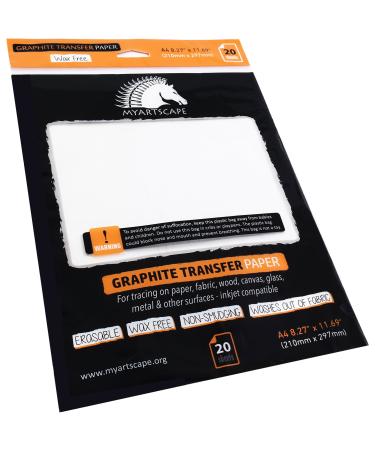 MyArtscape Graphite Transfer Paper, 20 White Sheets - Wax Free - Erasable -  Smudge-Free - Ideal for Drawing and