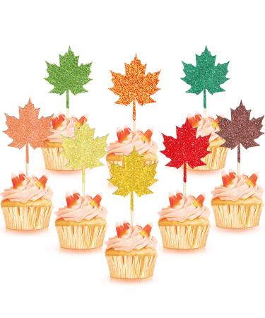 48 Pieces Maple Leaf Cupcake Toppers Glitter Fall Leaves Cake Topper 8 Mixed Colors Cupcake Picks Fall Thanksgiving Holiday Harvest Cupcake toppers for Autumn Theme Party Supplies Decoration