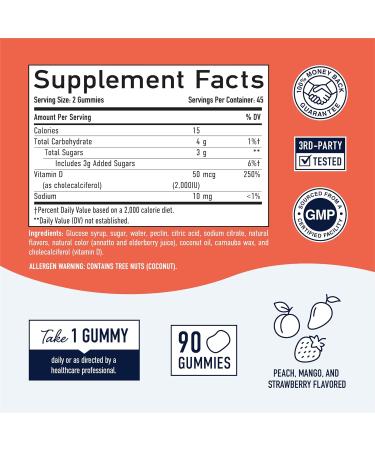 Vitamin D3 Gummies for Adults | 2000 IU Per Serving | Bone Health, Immunity & Mood Support | Vegetarian & Gluten-Free | 90 Gummies - Buy Online on GoSupps.com