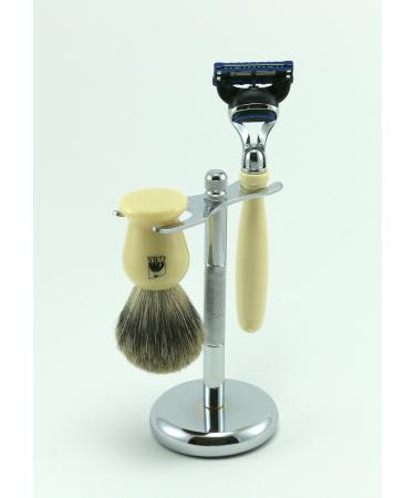 G.B.S Men s Premium Faux Ivory Grooming Gift Set Ivory 5 Blade Compatible Razor Badger Brush with Ivory Handle Chrome Brush and Razor Stand Shaving Kit for Men