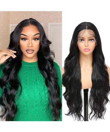X-Tress 26" Body Wave Lace Front Wig Synthetic Long Hair Wig for Women Glueless Wig Pre-Plucked Baby Hair Full Layered Hair Wig Middle Part Wig Highlight Lace Invisible Wig Wig for Women(1B) Black