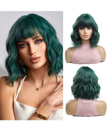 OUFEI Green Bob Wigs for Women Short Wavy wig Natural Synthetic Hair Heat Resistant Wigs for Daily Party Cosplay Wear-13 Inches Green(13in)