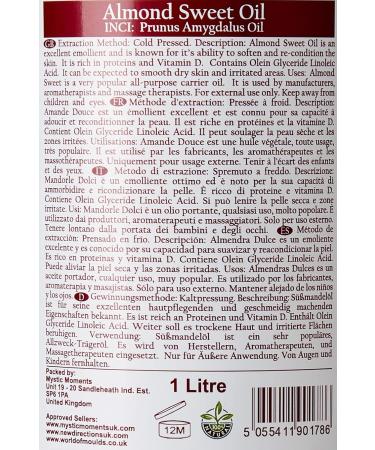 Mystic Moments 100% Pure Sweet Almond Carrier Oil 1 Litre - Natural & Fragrance-Free - Buy Online on GoSupps.com