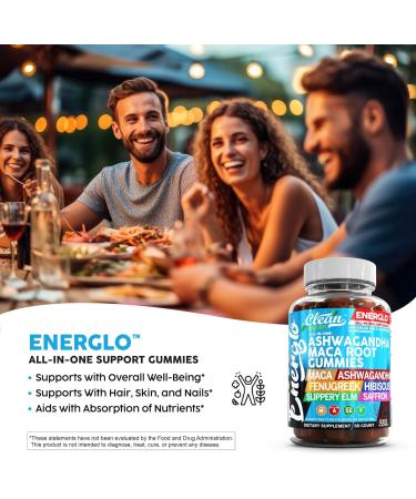 Ashwagandha Maca Root Gummies with Fenugreek Hibiscus Slippery Elm Saffron Extract & Beta Carotene | Peach Flavor Vegan Gummy Vitamins Adaptogen Cortisol Supplement Energlo by Clean Nutra 1 - Buy Online on GoSupps.com