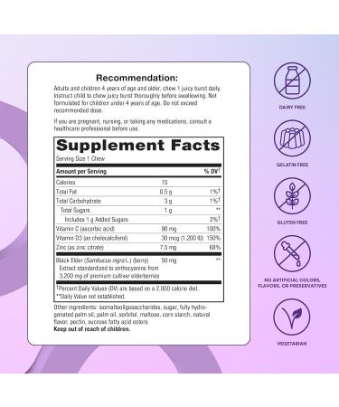 Nature's Way Sambucus Ultra Immune Juicy Burst Extra-Strength Formula(1) Immune Support* Vitamin D3 Vitamin C and Zinc Elderberry Extract 30 Berry Flavored Chews - Buy Online on GoSupps.com