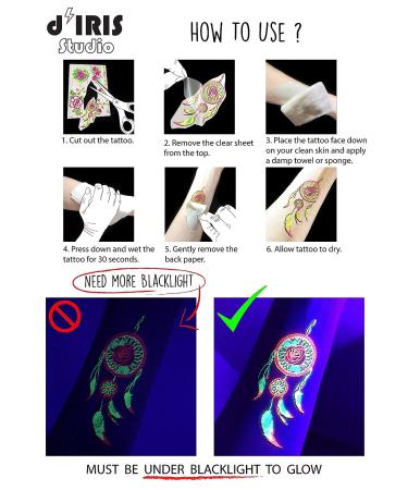 Alien UFO Design UV Reactive Temporary Tattoos - Glow in the Dark Body Art for EDM EDC Rave Parties | Blacklight Festival Accessories - 1 Sheet - Buy Online on GoSupps.com
