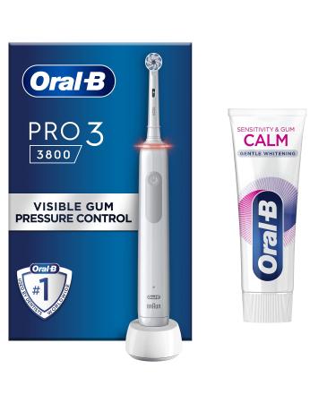 Oral-B Pro 3 Electric Toothbrushes For Adults Bundle Gifts For Women / Him 1 Toothbrush Head With Charcoal Infused Bristles + Sensitivity & Gum Calm Toothpaste 3800 White White Without extra refills