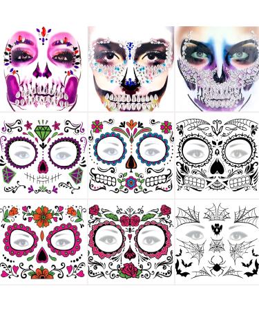 Zeecdatoo 9 Sheets Day of the Dead Tattoos Sugar Skull Tattoos Face Gems Face Jewels  Including 6 Sheets Halloween Temporary Face Tattoos  3 Sheets Sugar Skull Face Tattoos Jewels and Rhinestone Skeleton Gem Face Decal