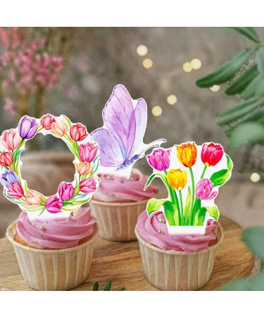 Tulips Cupcake Toppers 48Pcs Tulip Party Decorations Spring Flower Party Supplies Spring Tulips Cupcake Picks for Spring Mother's Day Decorations - Buy Online on GoSupps.com