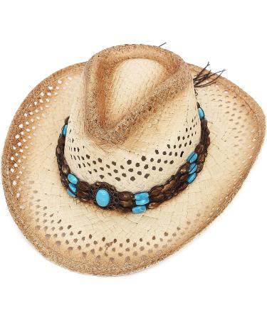La Vogue Straw Cowboy Hat with Turquoise Belt - Brown | Unisex Roll-up Brim Fedora for Men & Women - Buy Online on GoSupps.com