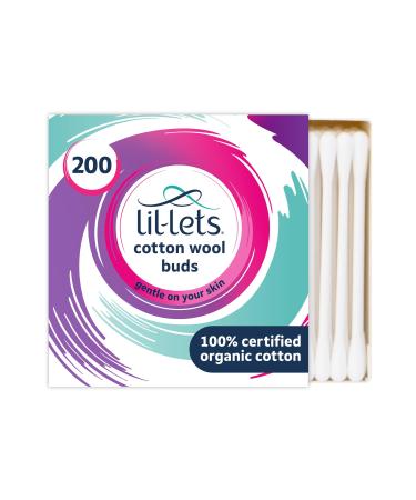 Lil-Lets Cotton Wool Buds Certified Organic 100% Pure Cotton Wool Tips Durable Paper Stems Plastic Free Cotton Buds Dermatologically Tested Pack of 200 200 Buds