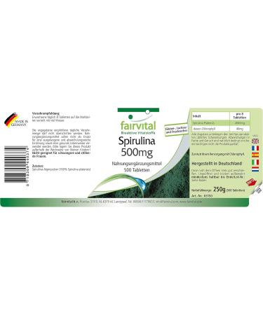 Fairvital Spirulina Tablets 500mg - High Dose Vegan Supplement | 500 Tablets - Pure Spirulina Platensis No Additives - Buy Online on GoSupps.com