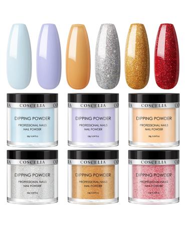COSCELIA Dip Powder Set 6 Colors Yellow Red Silver Gold Powder for Nail Polish Powder Nail Polish 10g*6 DP25-6E