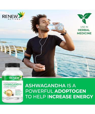 Renew Actives Organic Ashwagandha Capsules + Black Pepper for Maximum absorption - Used in Ayurveda as a Sleep Aid Memory Support Energy & Overall Wellness - Non-GMO Vegan & Gluten Free - 120 Easy-to-Swallow Capsules - Made in Canada. 120 count (Pack of 1 - Buy Online on GoSupps.com
