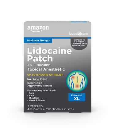 Amazon Basic Care Lidocaine Patch, 4% Topical Anesthetic XL, 12 cm x 20 cm, Pain Relieving Patch, Up to 8 Hours' Relief for Joint Pain, Back Pain, Neck Pain, Shoulder Pain, Knee Pain, 3 Count
