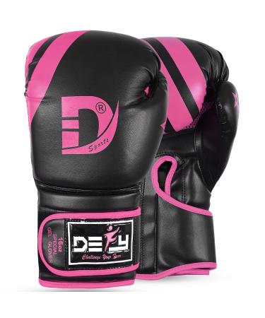 DEFY Marvelous Boxing Gloves for Men & Women Training Muay Thai Kick Boxing Leather Sparring Heavy Bag Workout MMA Gloves Black/Pink 16oz