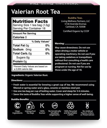 Buddha Teas Organic Valerian Root Tea - OU Kosher, USDA Organic, 18 Bleach-Free Bags - Buy Online on GoSupps.com