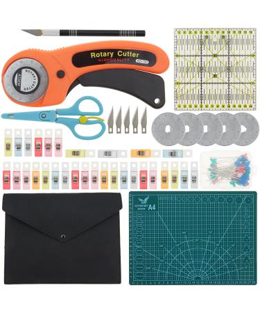 welltop Rotary Cutter Set, 96 PCS Quilting Kit 45mm Fabric Cutters Kit with 5 Extra Blades A4 Cutting Mat Acrylic Ruler Carving Knife Craft Clips Bags Full Tools for Crafting Sewing Patchworking