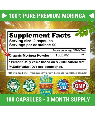Moringa Oleifera 180 Capsules | 100% Pure Leaf Powder | 1000mg Per Serving | Green Superfood Supplement | 3 Month Supply | Vegan Capsules - Buy Online on GoSupps.com